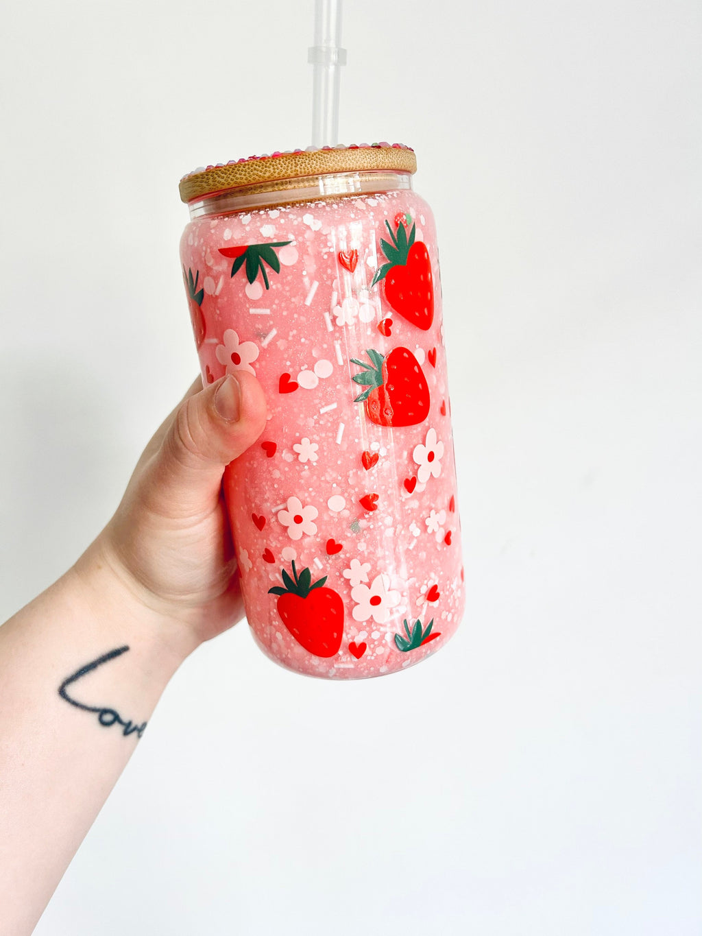Strawberry glass snowglobe tumbler rhinestone lid