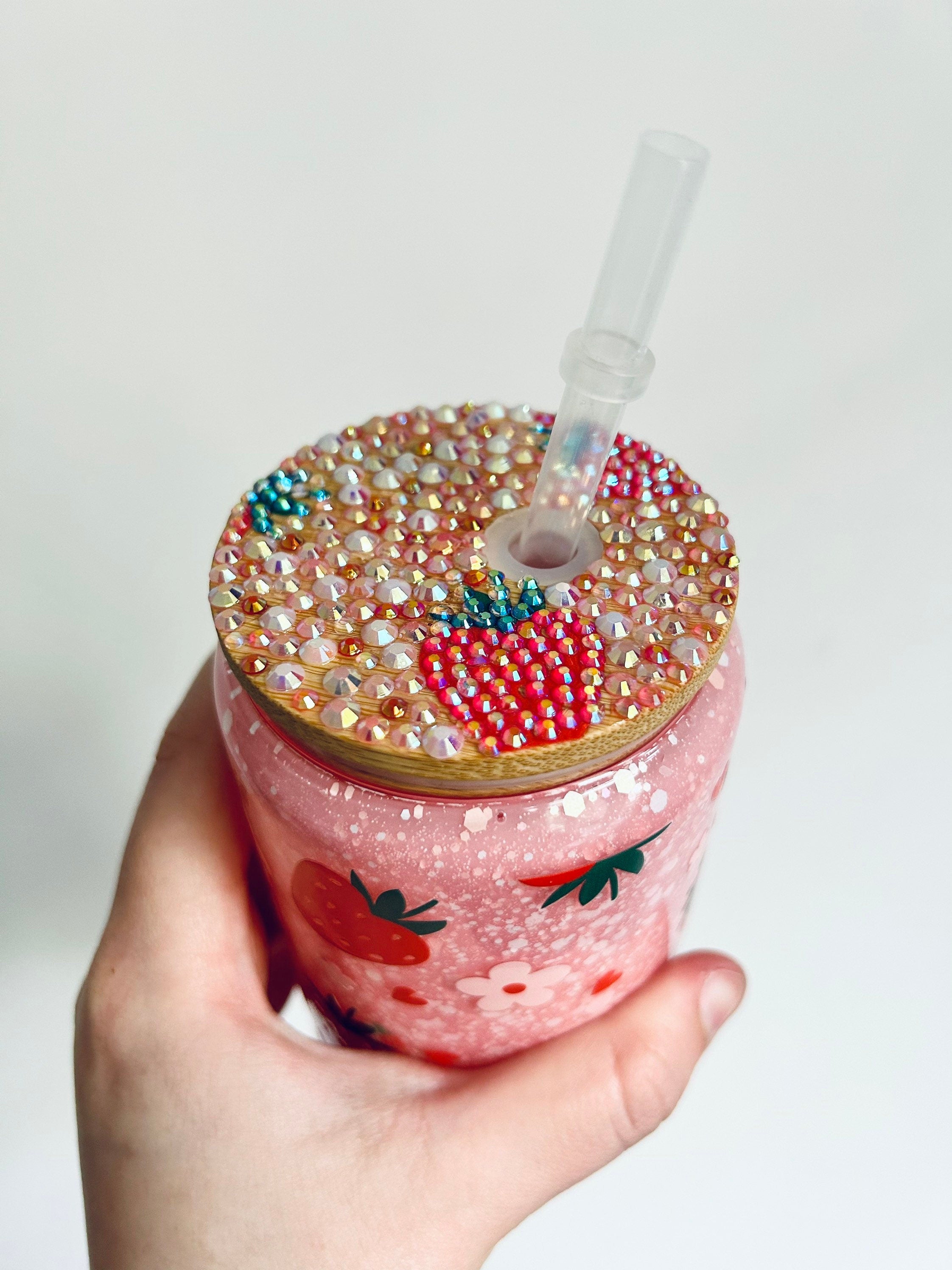 Strawberry glass snowglobe tumbler rhinestone lid
