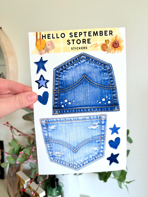 Denim pocket sticker sheet | journal stickers | scrapbook stickers | sticker | large sticker